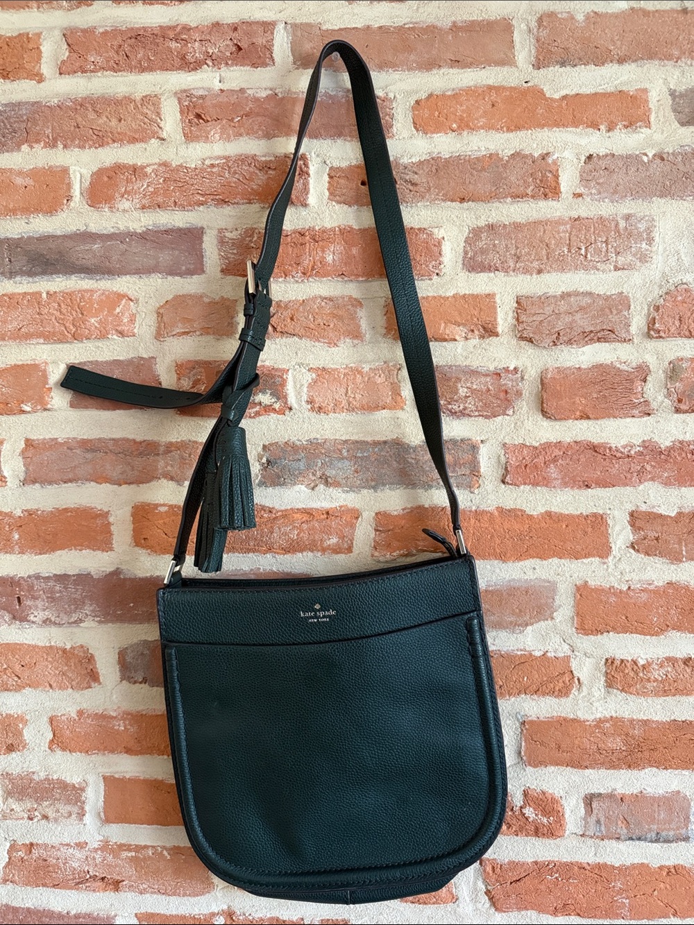 kate spade Black Pebbled Leather Crossbody with Tassel Accent